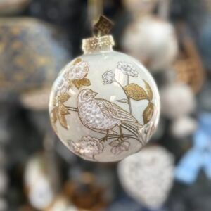 Raz Eric Cortina 3.5" Ivory and Gold Flora and Fauna Ball Glass Christmas Ornament