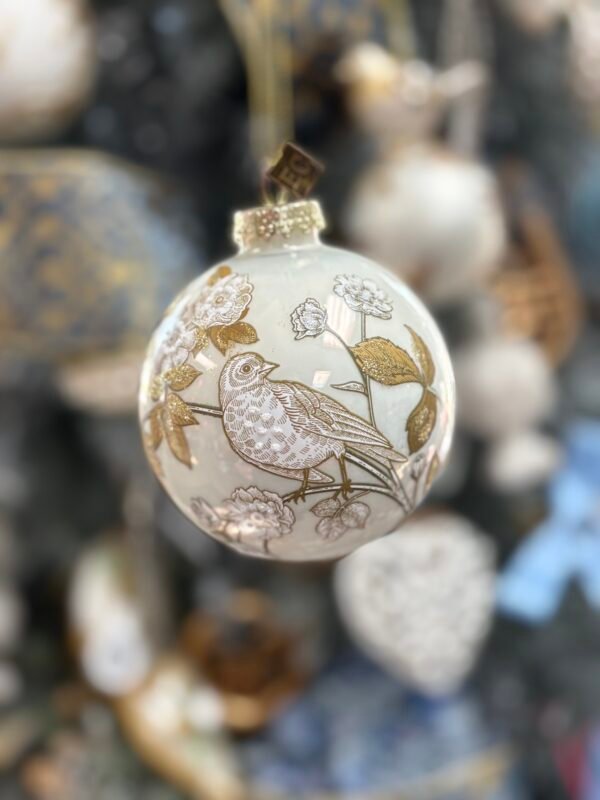 Raz Eric Cortina 3.5" Ivory and Gold Flora and Fauna Ball Glass Christmas Ornament
