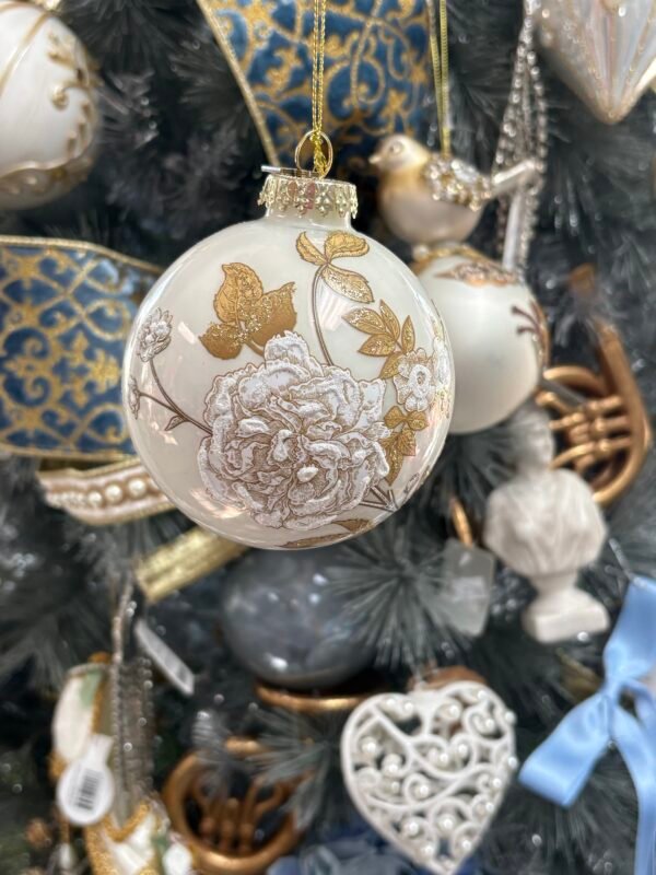 Raz Eric Cortina 3.5" Ivory and Gold Flora and Fauna Ball Glass Christmas Ornament